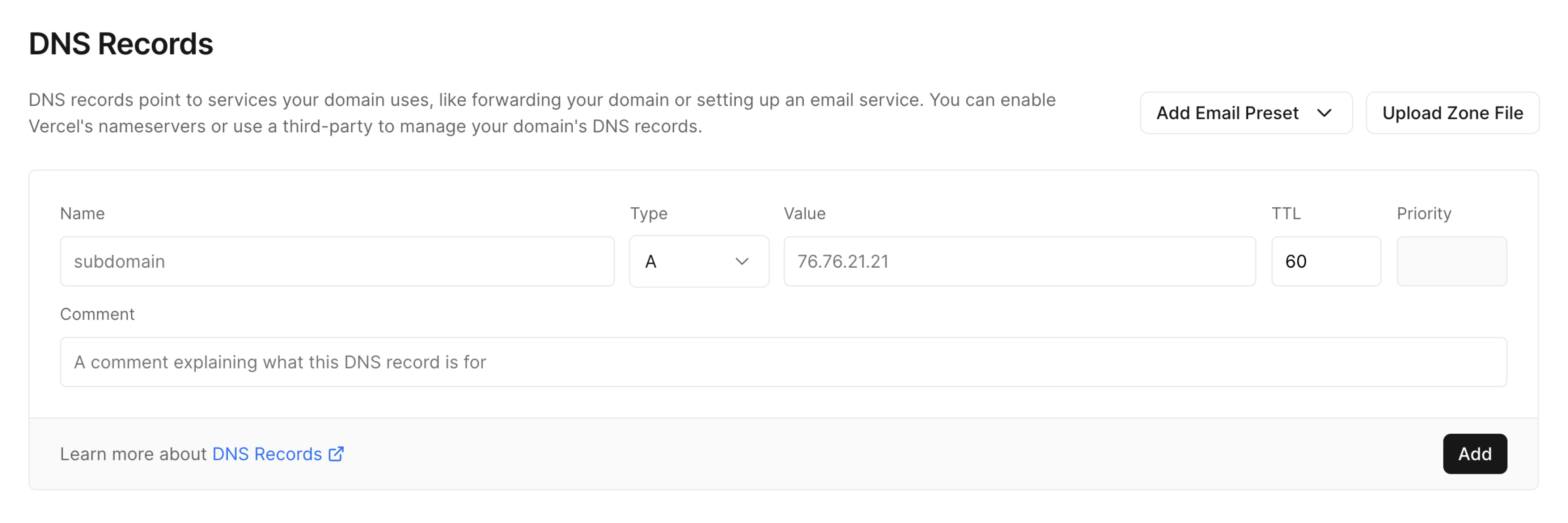 Vercel DNS record editor with Name, Type, Value, TTL, and Add controls. Values shown are examples only.